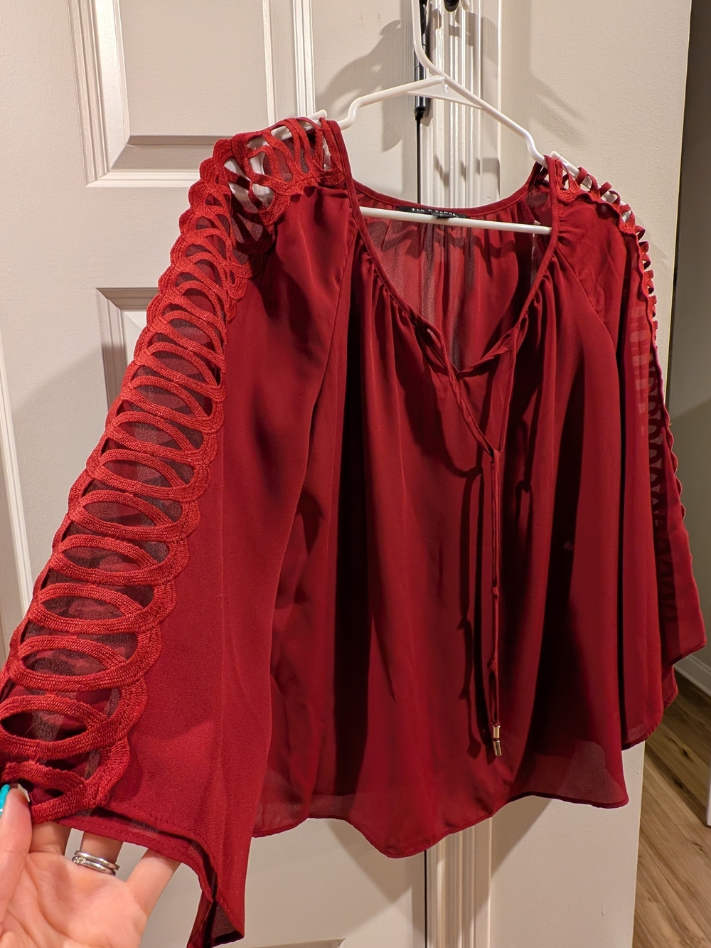 Zac & Rachel Burgundy Openwork Sleeve Tie-Front Blouse
